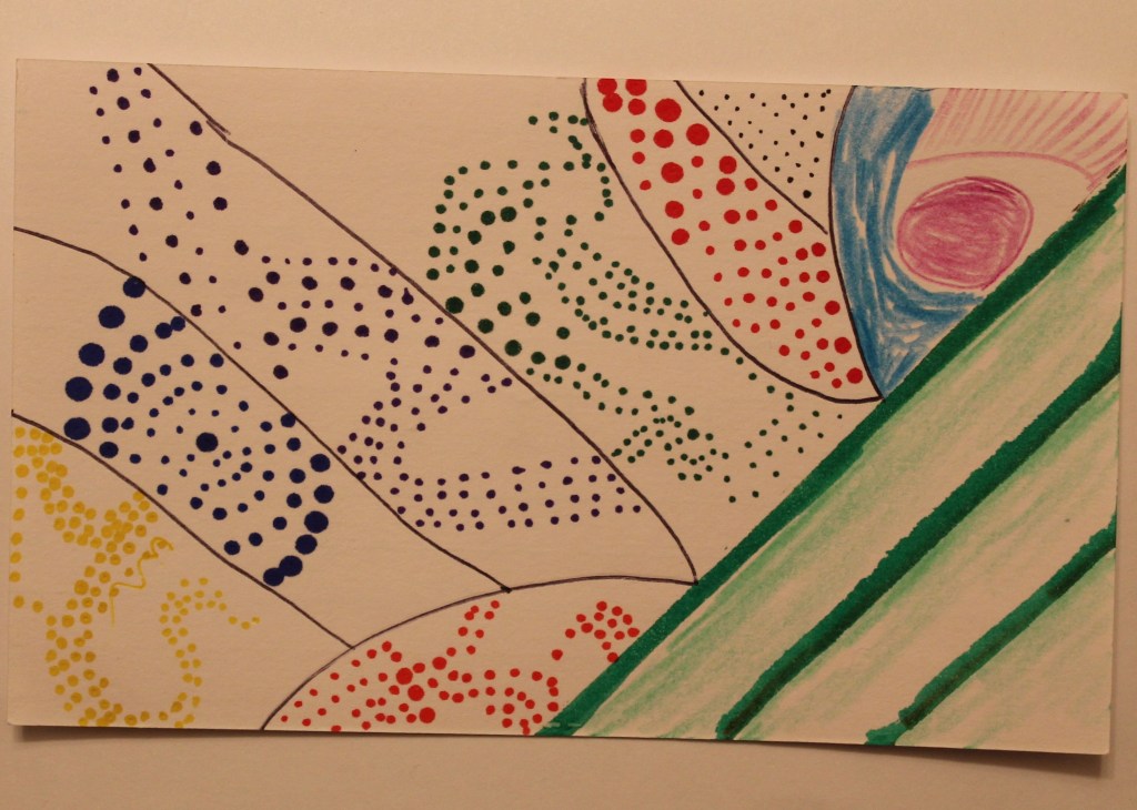 Abstract image of area segmented by lines and most shapes filled with dots of varying size forming wave like patterns.