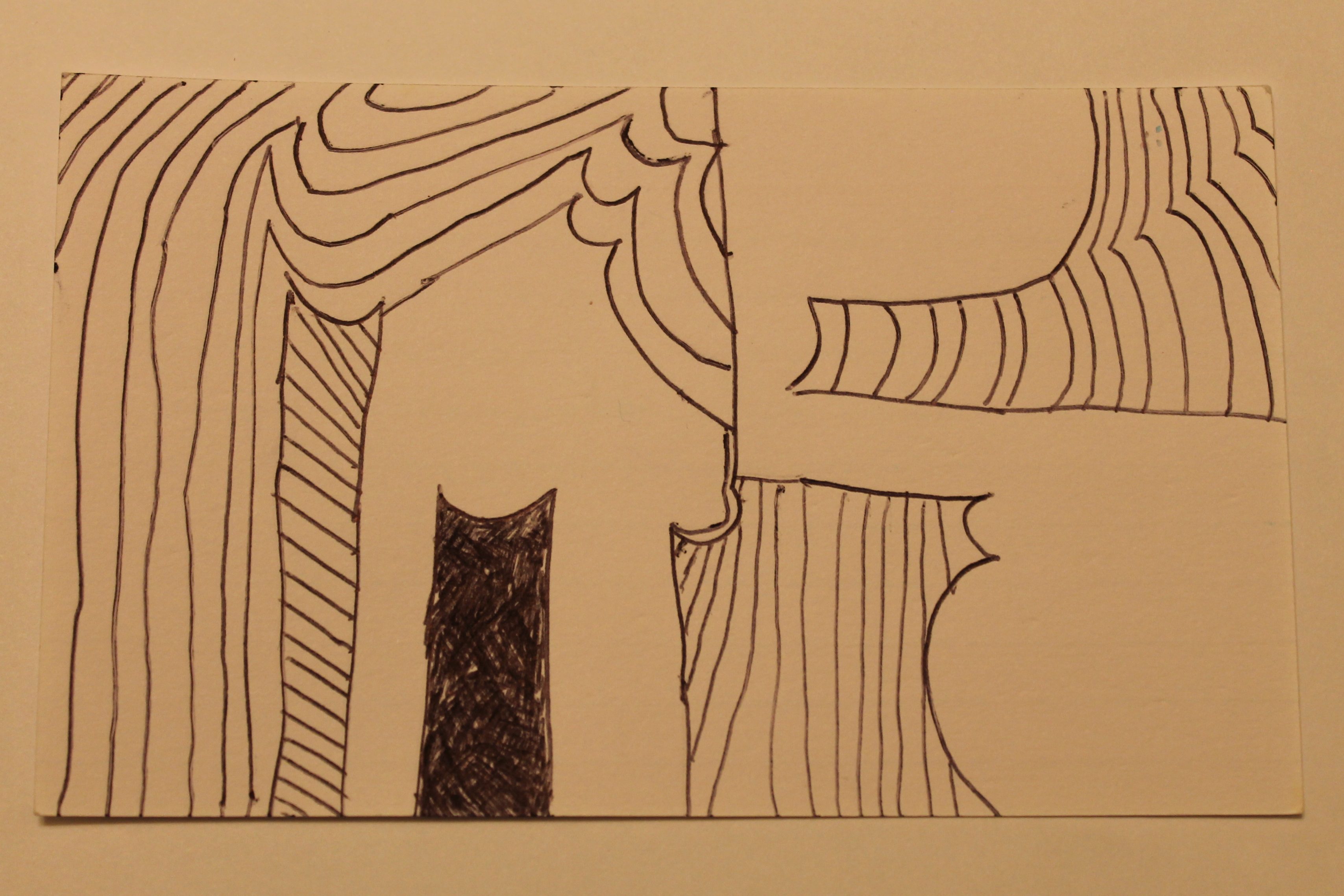 Abstract line drawing, in black pen, made of blocks and shapes in parallel lines, possibly of a house and clouds.
