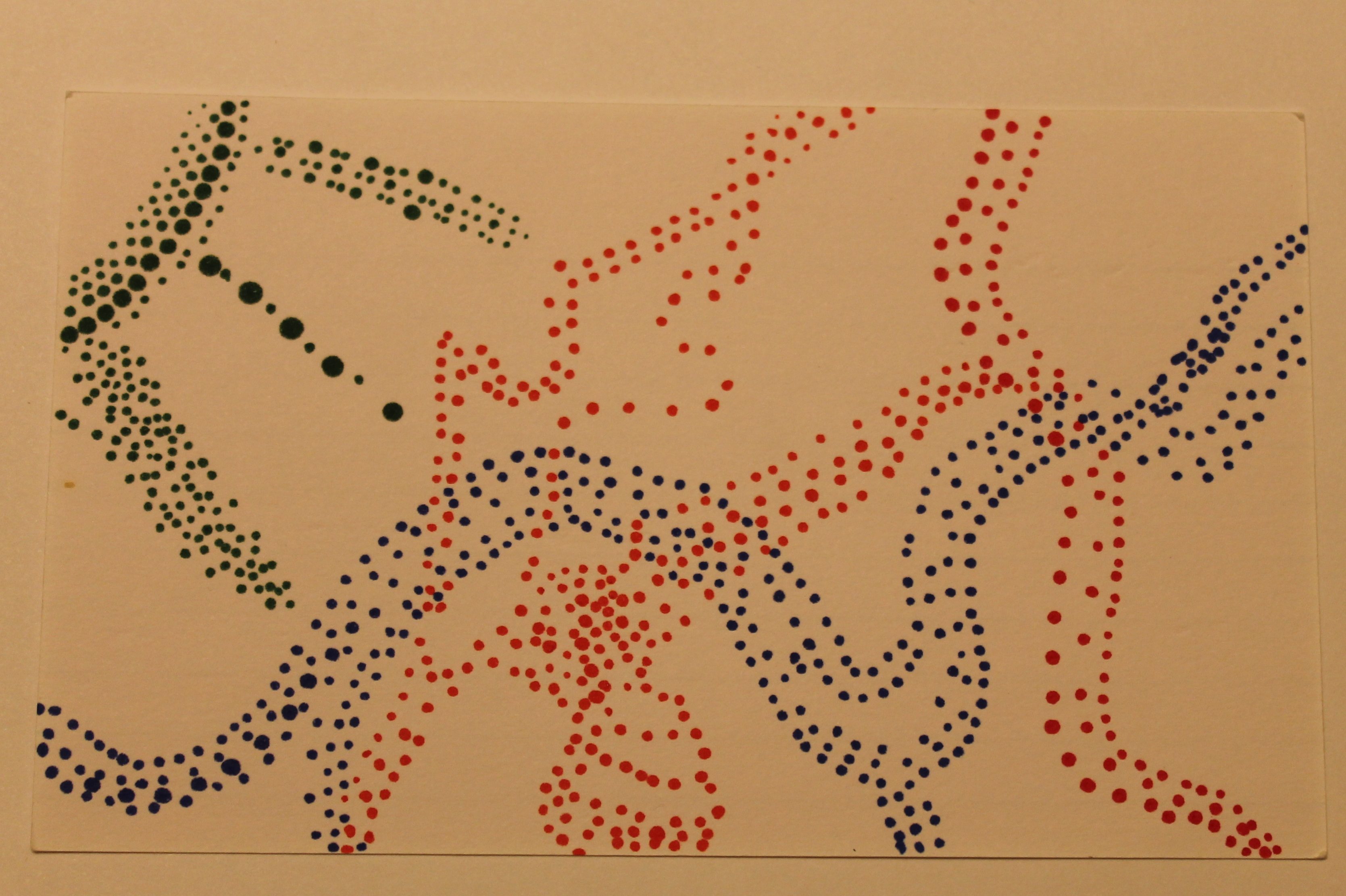 Abstract image made of colored dots of different sizes. images include wavy ribbons and a sun.