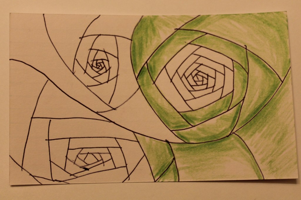 Simple line drawing of plant like forms made of layered lines. Half the drawing is shaded green.