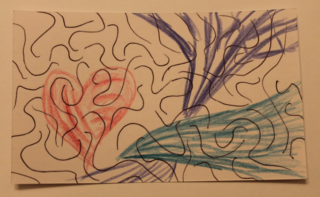 Abstract image covered in short curvy black lines, also with a purple branching shape, a pink heart with ridges and a blue cone.