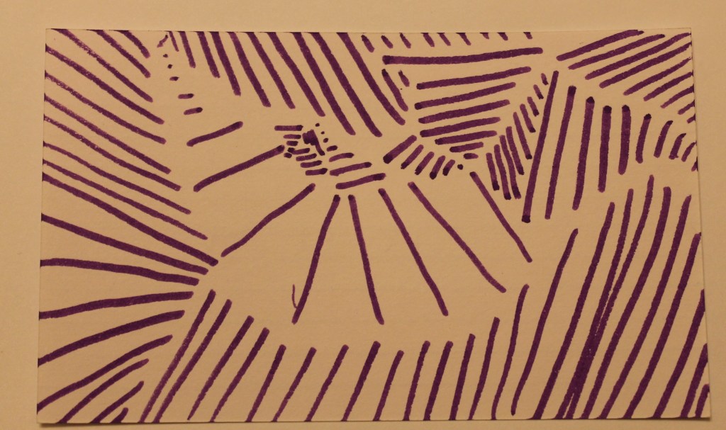Abstract image resembling a half moon shape made entirely of non intersecting purple marker straight lines