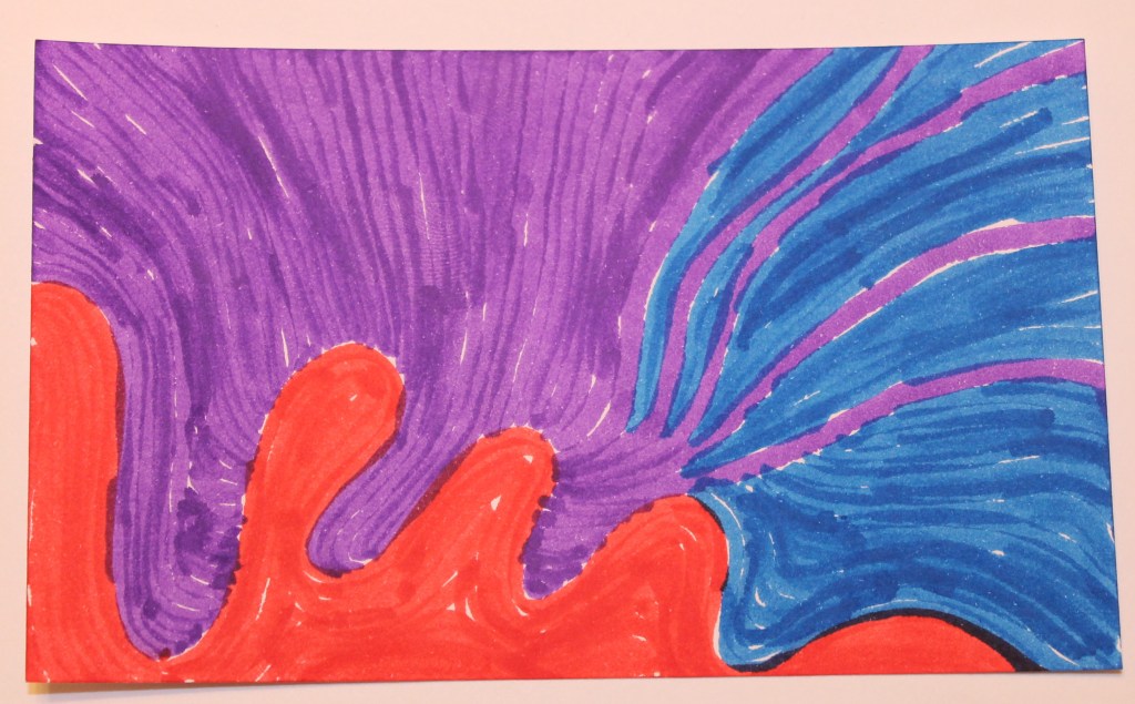Abstract image in blue, purple and red marker. Lines making waves, radiating and also contained.