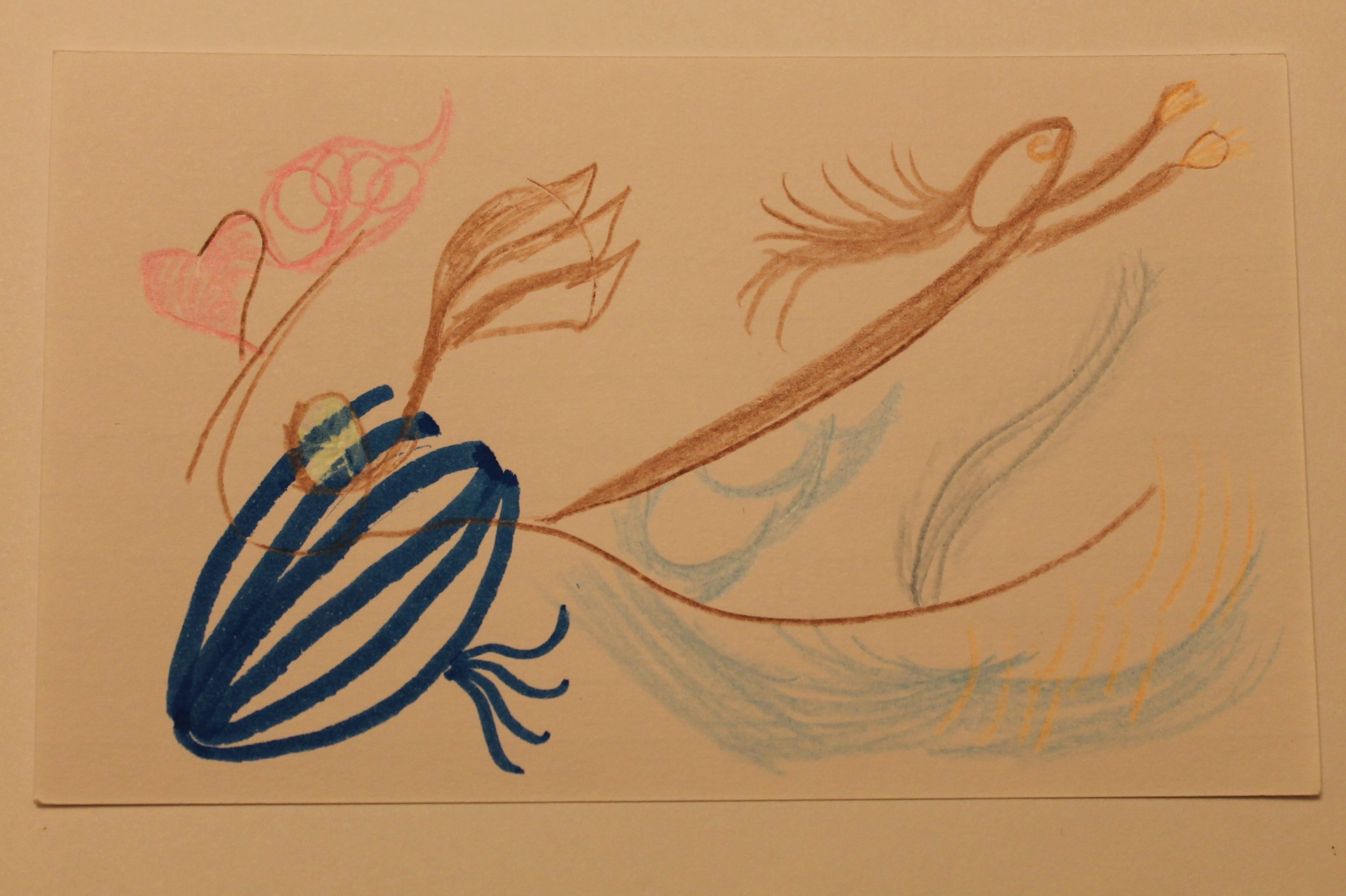 Abstract drawing in colored pencil and blue marker. Centering on a stylized person with arms reaching up and wave shapes.