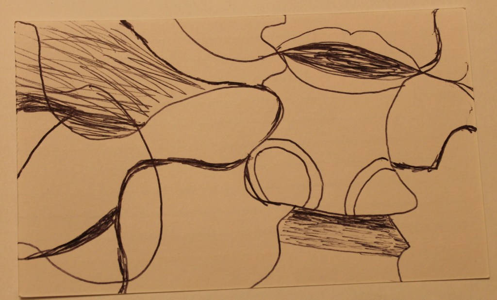 Abstract line drawing in ink pen featuring curves and egg shapes, suggesting human figures.