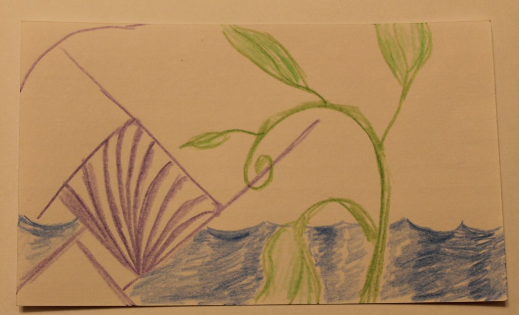 colored pencil drawing featuring a plant tendril, a stylized square shell shape and water waves.