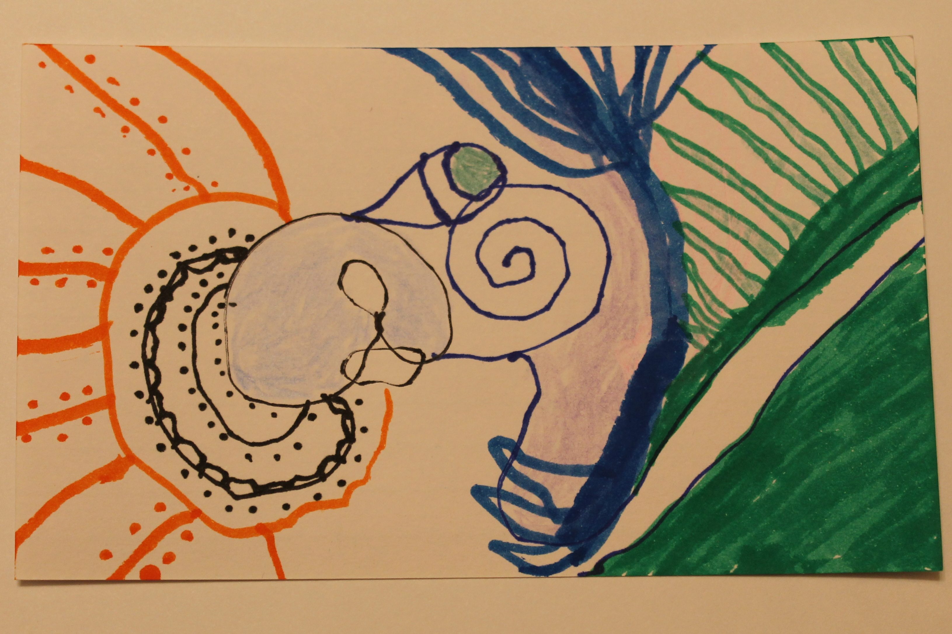 Abstract drawing with lines and dots featuring spirals and green grass like spikes.