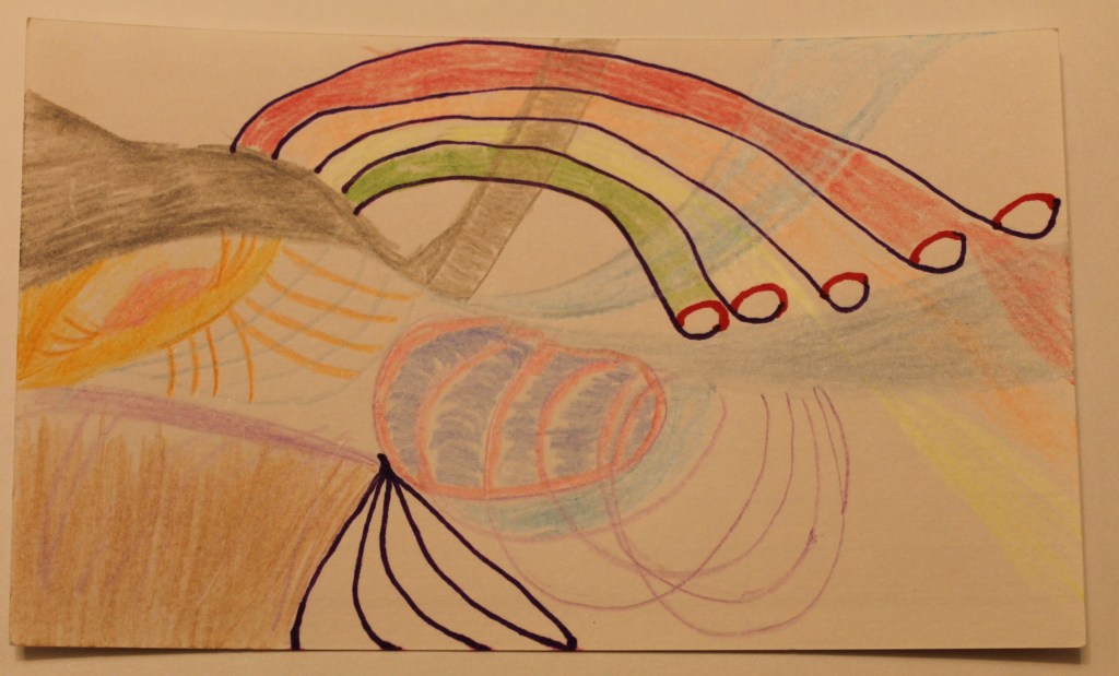 Abstract image featuring shapes resembling a rainbow, a heart and an eye.