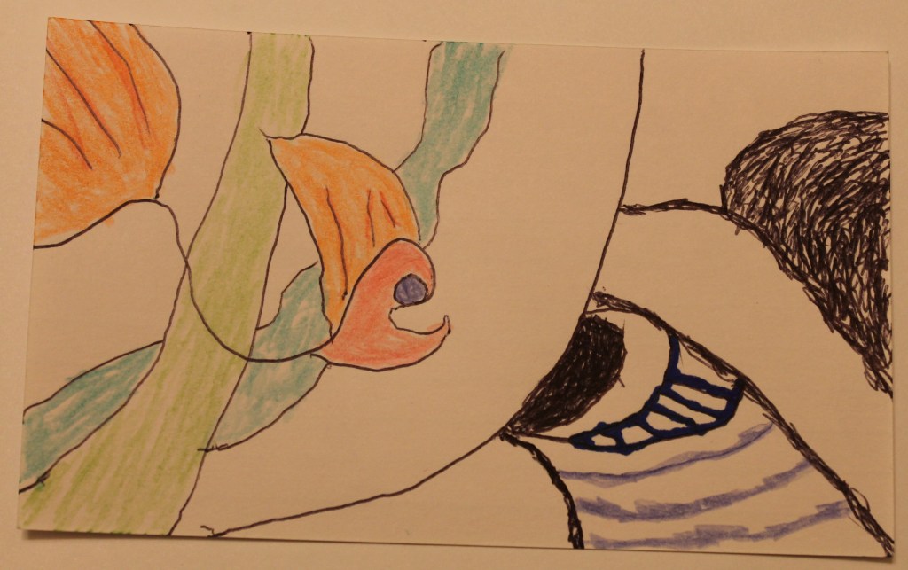 Stylized image of an eye shape and a fish like creature, 