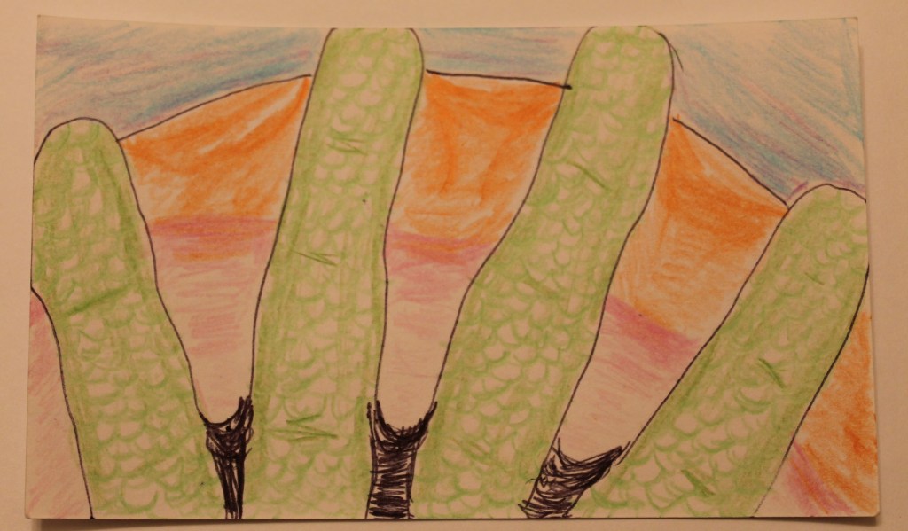 Image of a webbed hand with scaly fingers