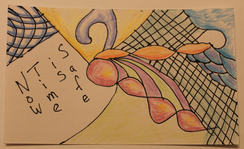 Abstract image of many colors and a flowing grid of squares, featuring the words Now Time is Safe