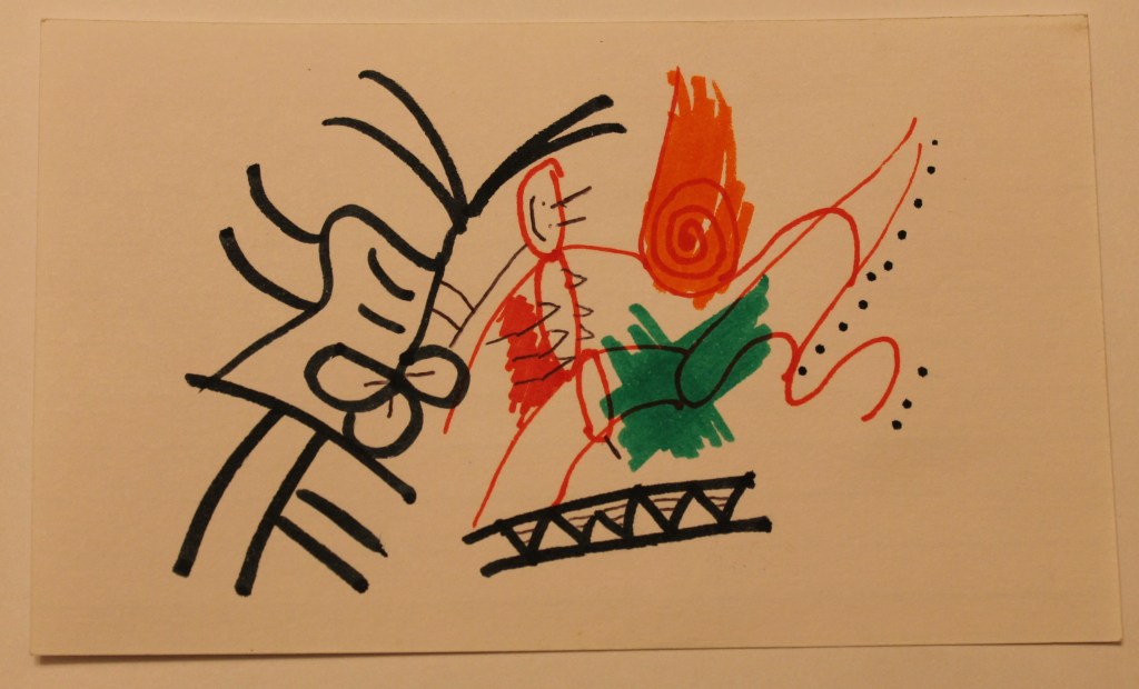 Random images made from playful lines and dots, featuring two bug like characters.