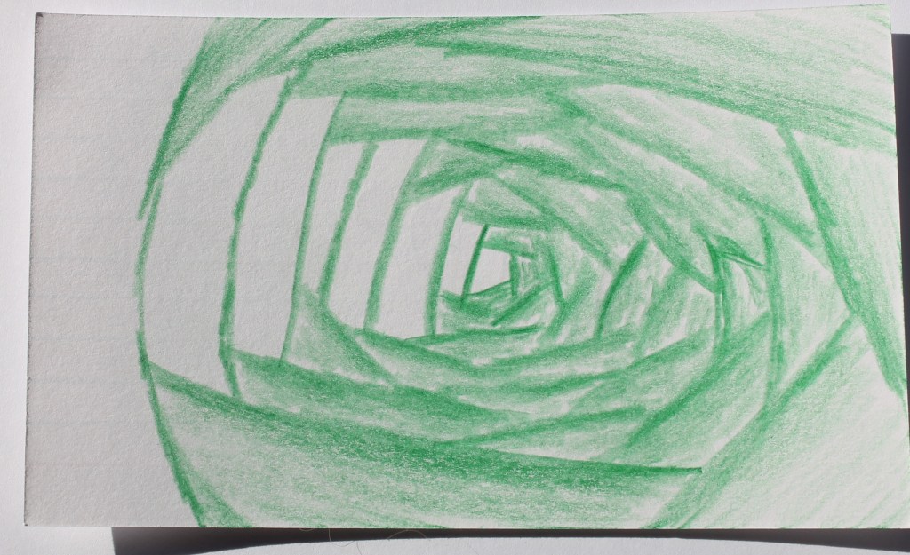 Abstract drawing in green pencil, of overlapping shaded segments resembling a rosette of leaves with flatter white sections descending on the left.