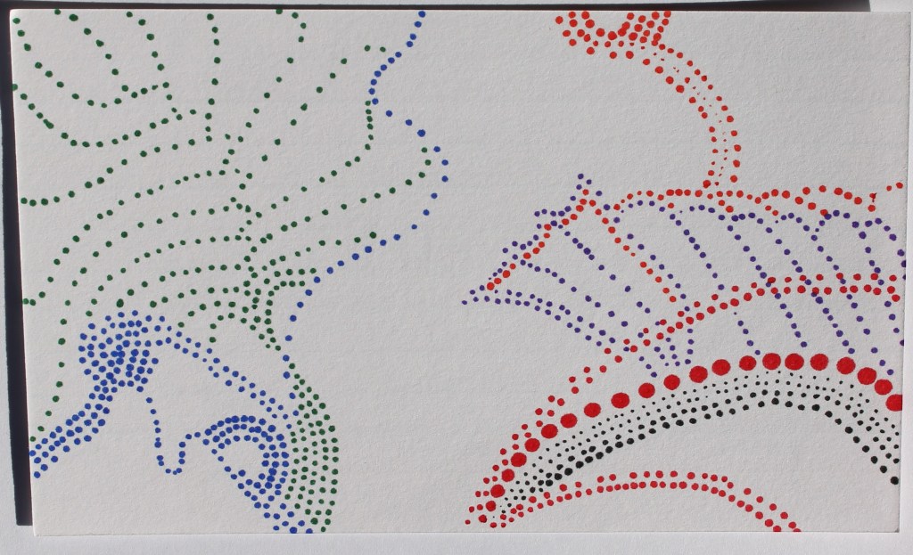 Abstract image in colored dots forming lines making shapes resembling a bearded face and separate fins