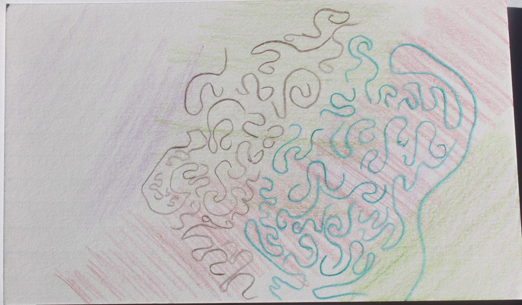 Abstract image suggesting a brain made of squiggly lines that do not overlap, overlaid with blocks of color in parallel pencil lines.