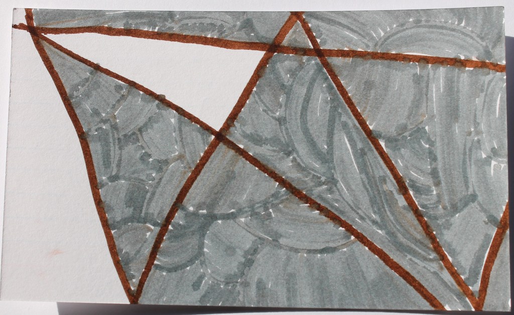 Abstract image of brown lines crossing the space and each other to form almost a child's star. Several but not all of the spaces created by the lines are filled with gray marker textured to suggest scales.