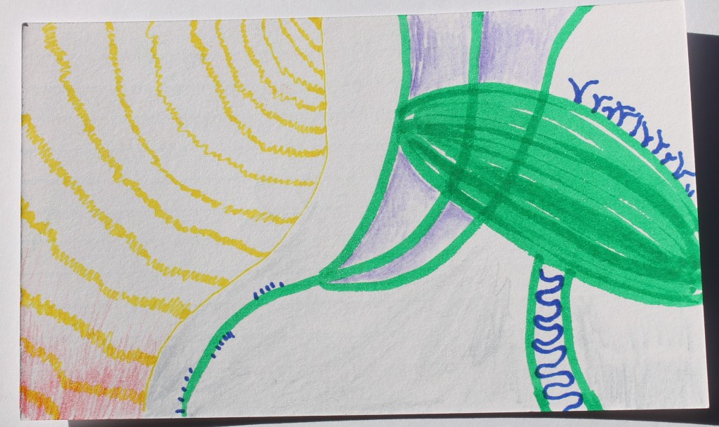 Abstract image including wavy lines in yellow a large green oval  and some narrow oscillating blue lines