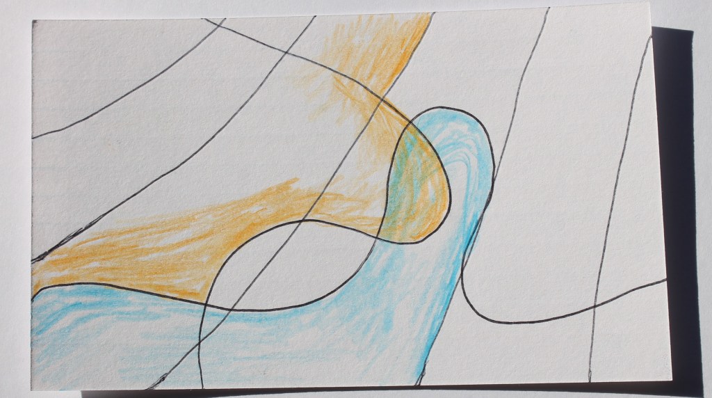 Abstract image of black lines descending toward the left image is shaded in blue and orange in overlapping protrusions.