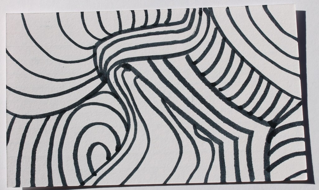 Abstract image in all black non overlapping sections of curved parallel lines, suggesting a blue whale's chin an eye, and tree mushroom ring growth.