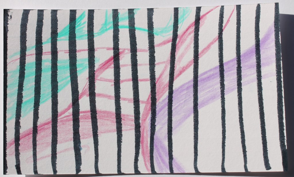 Abstract image segmented by black vertical lines containing red, green and purple nondescript shapes.