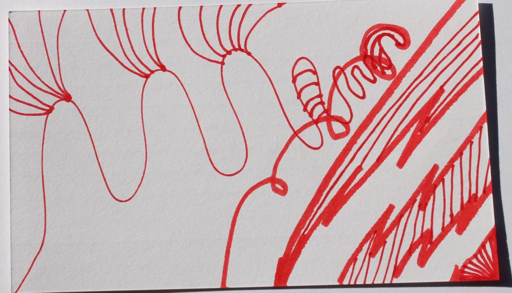 Abstract drawing made of thin red lines some jagged, some waved and curved with curved lines radiating.