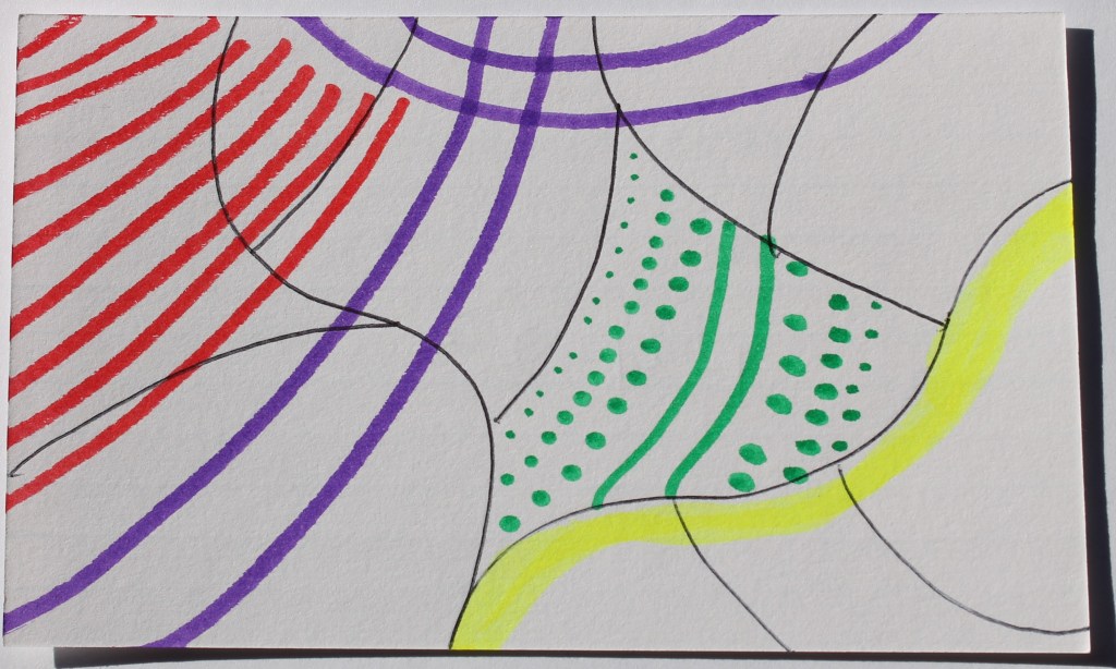 Abstract image consisting of curved lines in purple, red and yellow, some parallel some stopping at intersection some overlapping.