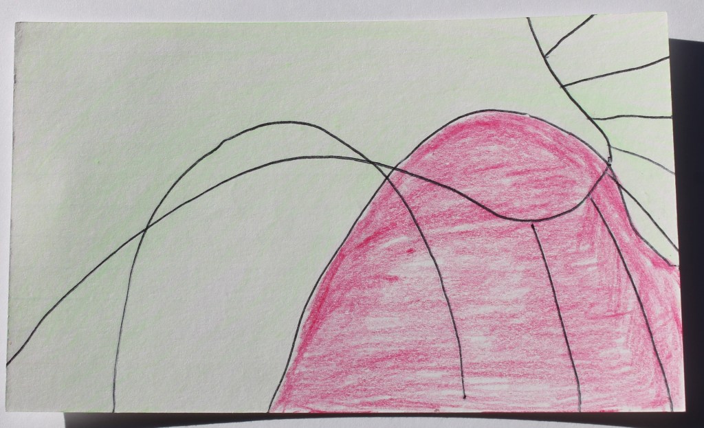 Abstract image of black lines with radiating curves overlaying a red curved solid shape, on a background of pale green.