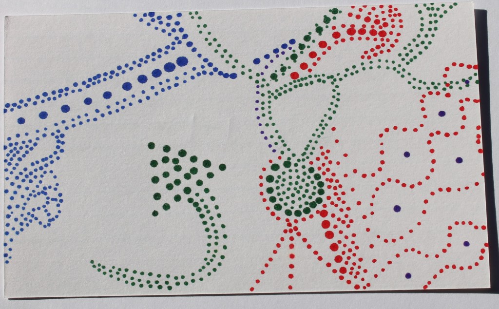 Abstract image made up of small dots of color arranged into lines. Image includes the shape of an arrow with a curved tail pointing up and left and a medal on a ribbon.