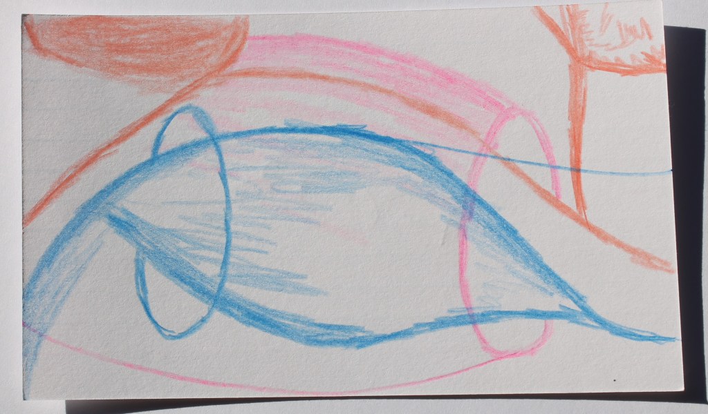 Abstract image  suggesting bulb shaped wine glasses containing each other, in pink, blue and orange pencil.