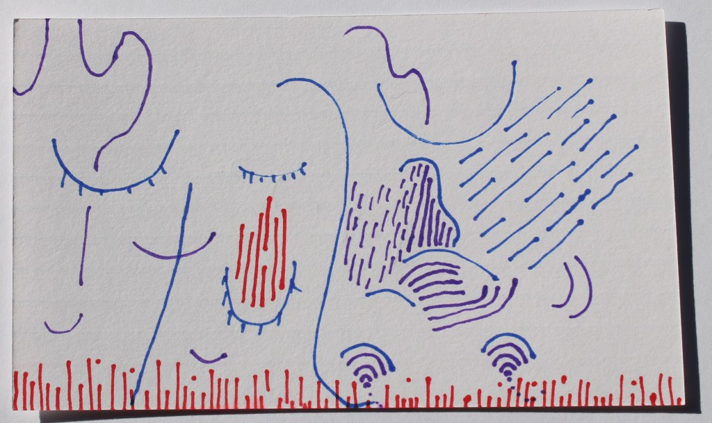 Abstract image in blue purple curved and straight thin lines, shapes that suggest closed eyelids and rain and signals. The bottom is lined in red short lines of varying lengths.