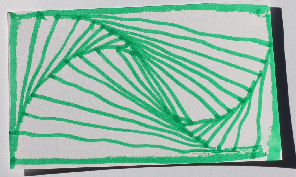 Drawing of straight lines shifting slightly and rotating to create a spiralling effect, in green marker.