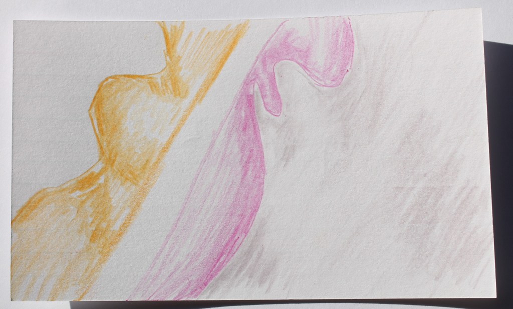 Abstract image suggesting hills or waves in orange, purple and gray pencil.