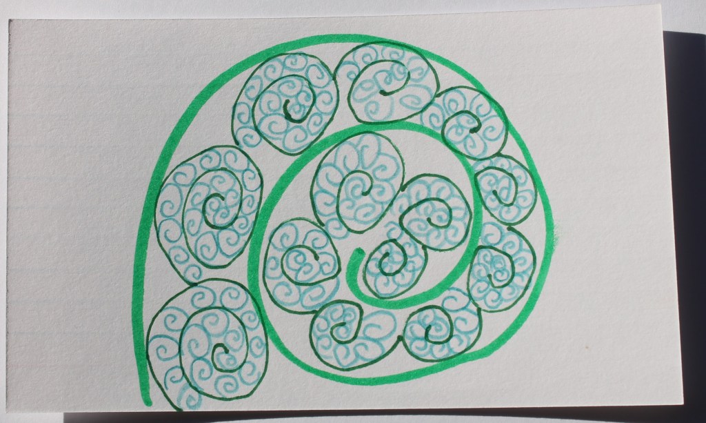Image of a green marker spiral, filled with a descending row of black pen spirals, that are then filled with blue pencil spirals.