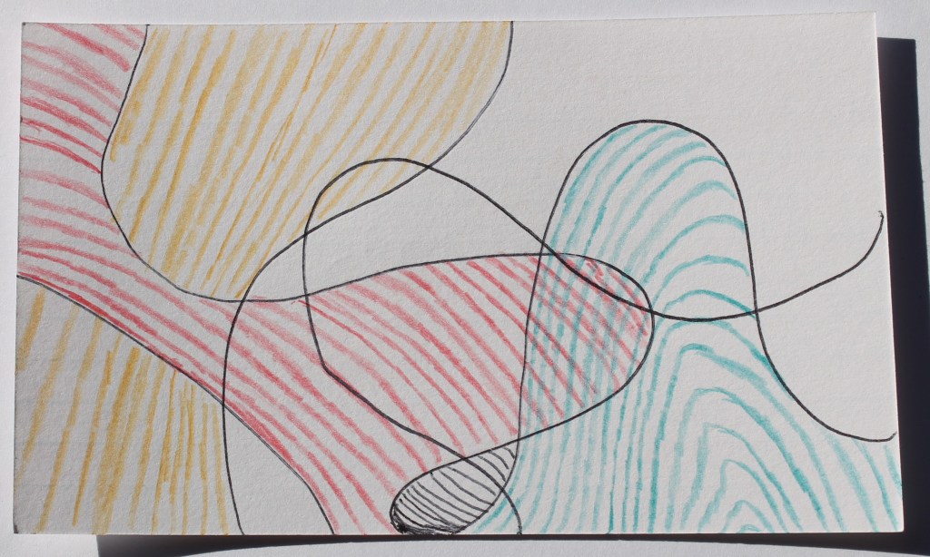 Abstract image of pen lines making large lobes, that are filled with colored parallel lines. resembling wood grain or layers in rock.