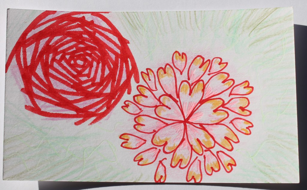 Simplistic image of drawn flowers, one made of red marker spiraling inward and the other made of heart shaped petals in the shape of a mum.