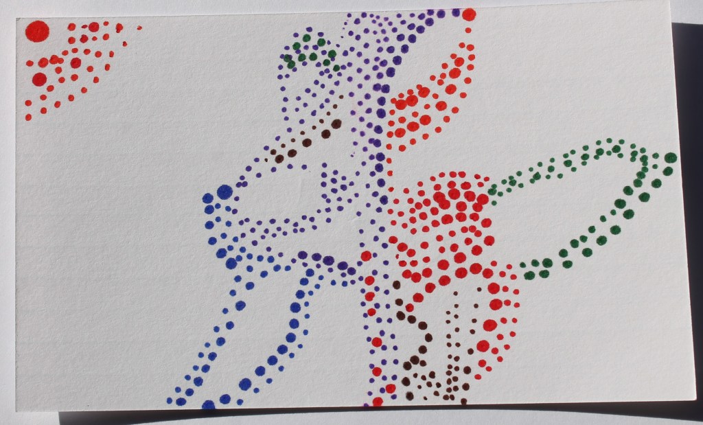 Abstract image made of small colored dots with shapes that resemble leaves, lace, and flowers.