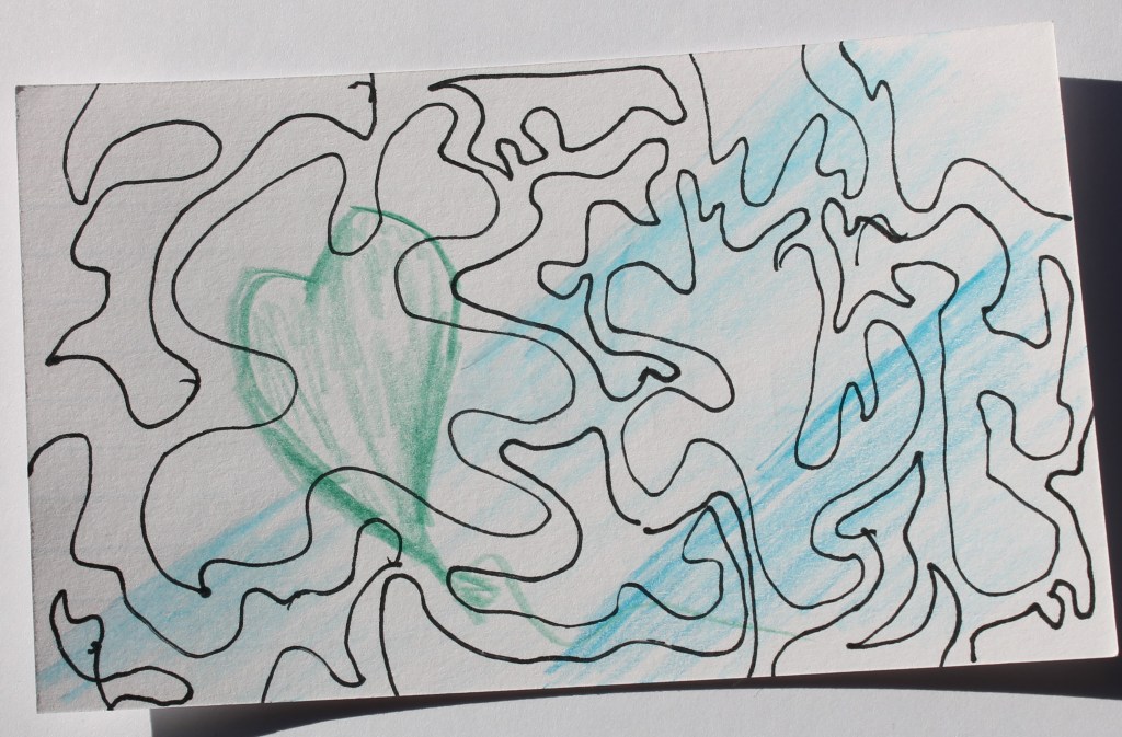 Abstract image of a heart shape in green pencil, with angled shading forming a horizon in blue, overlaid with black pen in curvy lobed squiggle shapes, making the whole image confusing hard to focus on any one thing.