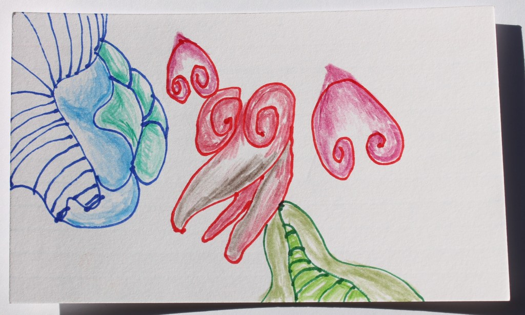 Abstract image in pen and colored pencil with images suggesting a bird headed creature with spirals for eyes and a peapod for a body, a bulbous bubble hanging in blue and green and inverted hearts falling from the sky.
