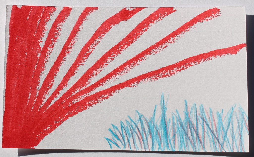 Abstract image of Red marker lines that fan out from the left and blue-purple pencil lines that grow/feather up from the bottom right. All suggesting plants or grass.