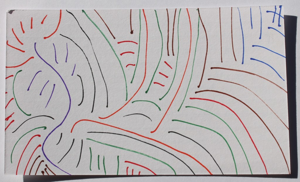 Abstract image made of fine marker curved lines in brown, red, blue and green, there is only one intersection in the upper right where two blue vertical lines are bisected by a horizontal one, otherwise the lines are parallel until they would intersect another then they just end.  Images suggested are field rows and a grove of tree trunks, also seeds of a large fruit.
