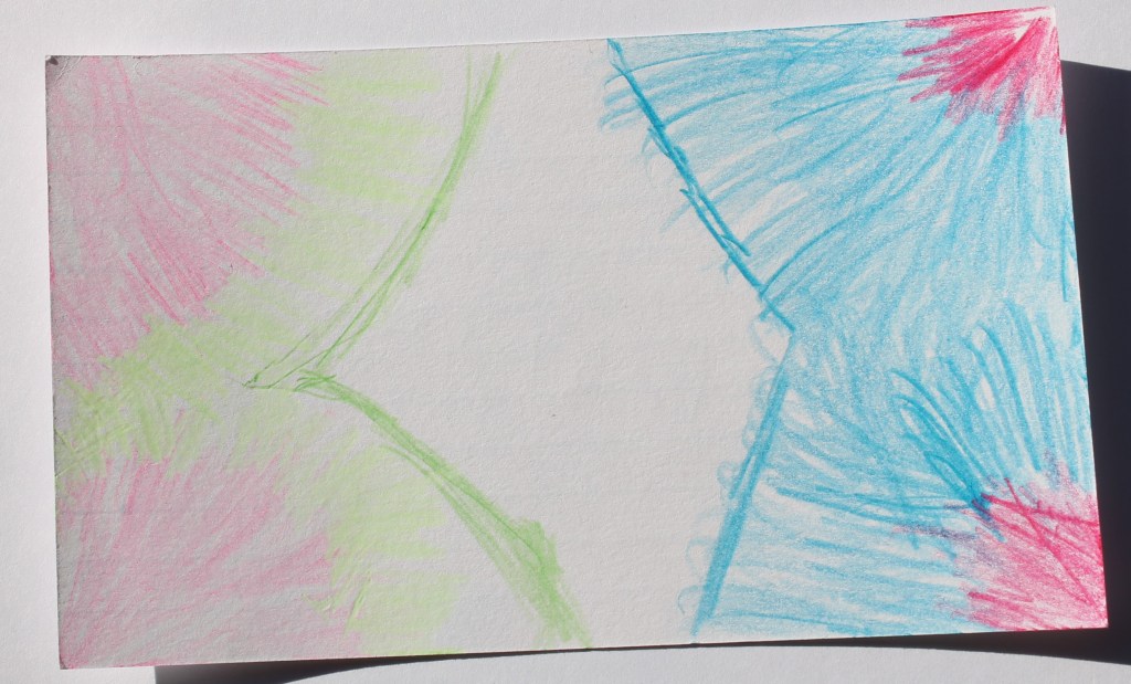 Abstract image where the corners of the rectangular space are shaded in inward lines in a red pink hue. These are surrounded by green and blue lines in the same direction forming hemispheres that meet with a border applied on the edges of the shapes, leaving a gap of white in a diamond shape in the middle.