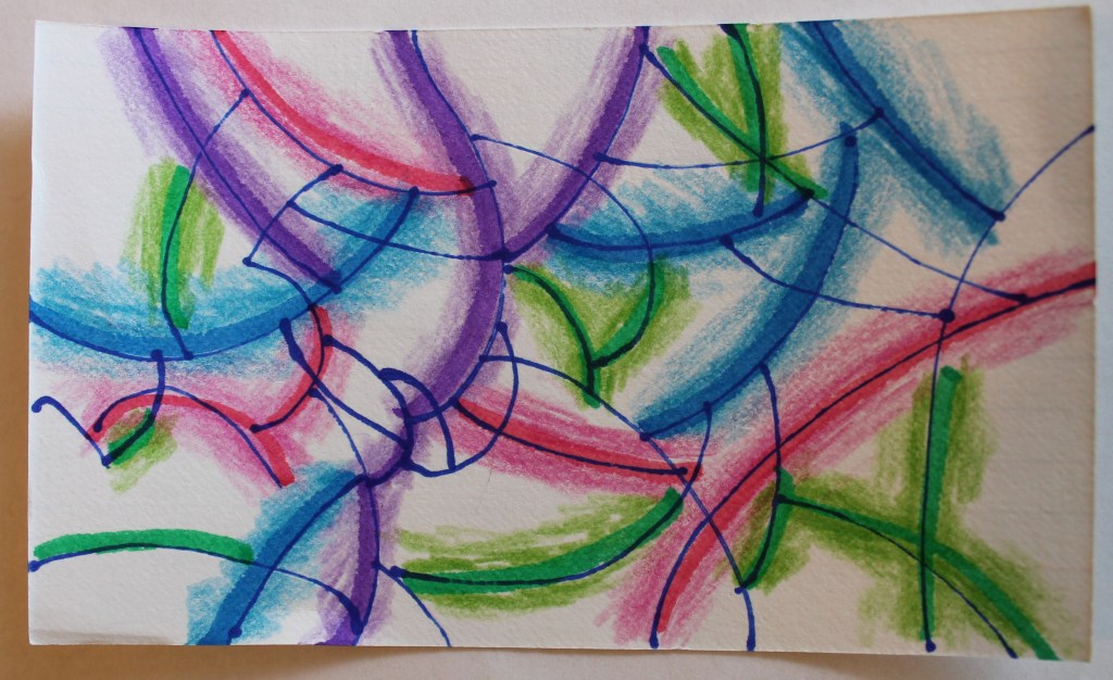 Abstract image made of curving line segments, all drawn in blue ink, some segments have been highlighted in blue, pink, purple or green. The visual motion suggests hills or wings maybe the wind or a child tumbling.
